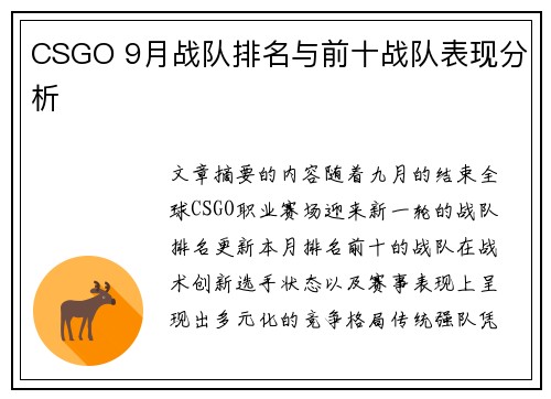 CSGO 9月战队排名与前十战队表现分析