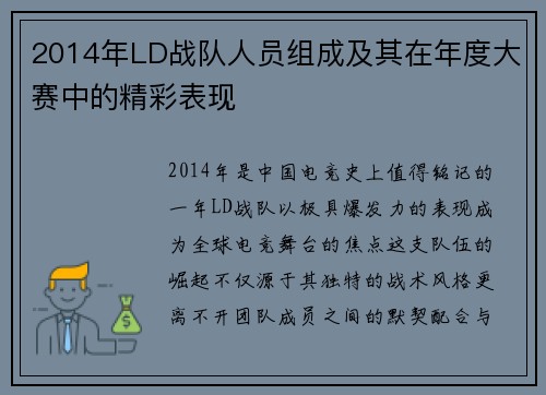 2014年LD战队人员组成及其在年度大赛中的精彩表现