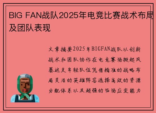 BIG FAN战队2025年电竞比赛战术布局及团队表现